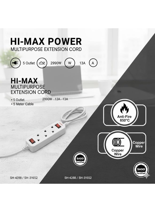 Hi Max Multiple Cord Extension Set, 5M Cable, Overload Protection, All Copper Wire, Heat Resistant 750°C, 2990W Power Capacity, Original SASO Certified (Model SH-31652) - Image 2