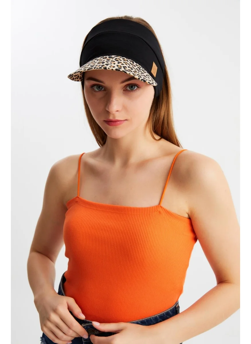 Butikgiz Women's Leopard UV Protected Foldable Open Top Soft Brim 100% Cotton Combed Tennis Visor Hat