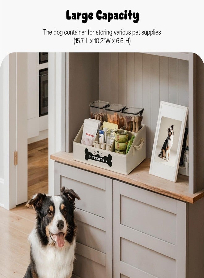 GreenPetopia Dog Treat Container, Dogs Storage Organizer with Removable Dividers, Collapsible Dogs Treat Holder for Countertop, Trapezoid Pet Treats Containers, Dog Toy Basket with PU Handles, Medium, Beige - Image 2