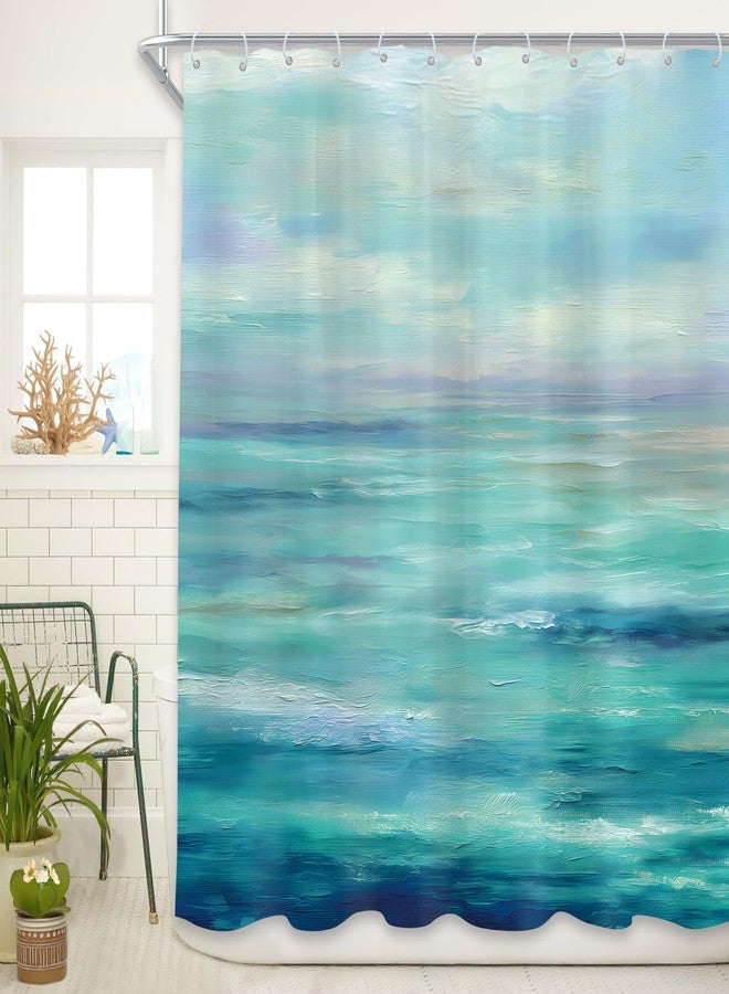 Cinbloo Abstract Blue Ocean 72Wx72H Shower Curtain Beach Sea Teal Oil Painting Modern Sky Scenery Landscape Seaside Summer Hawaii Nature Bathroom Curtain Set Simple Bath Bathroom Accessories Decor - Image 1
