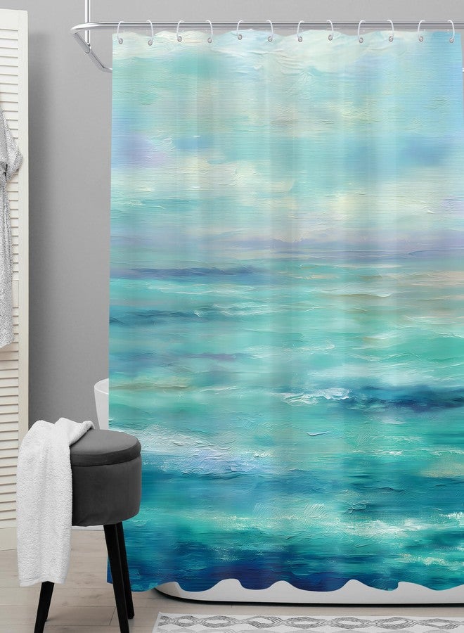 Cinbloo Abstract Blue Ocean 72Wx72H Shower Curtain Beach Sea Teal Oil Painting Modern Sky Scenery Landscape Seaside Summer Hawaii Nature Bathroom Curtain Set Simple Bath Bathroom Accessories Decor - Image 2