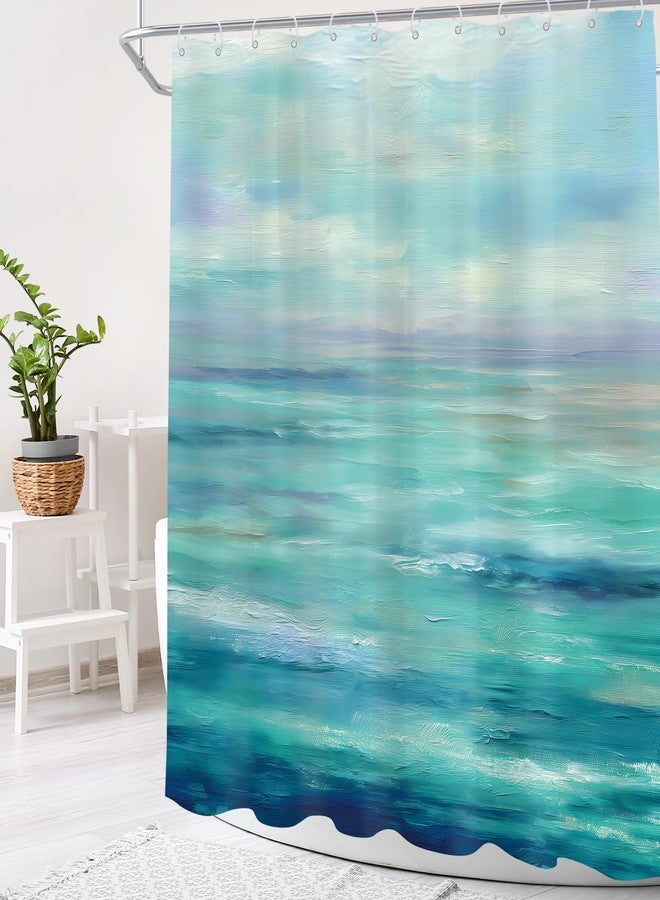 Cinbloo Abstract Blue Ocean 72Wx72H Shower Curtain Beach Sea Teal Oil Painting Modern Sky Scenery Landscape Seaside Summer Hawaii Nature Bathroom Curtain Set Simple Bath Bathroom Accessories Decor - Image 3
