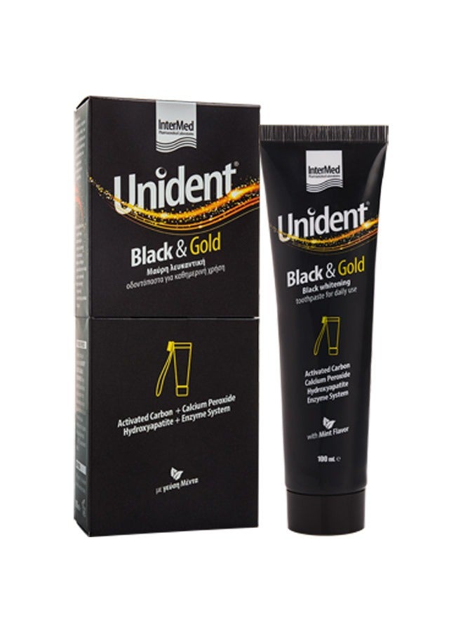 InterMed Unident Black & Gold Whitening Toothpaste – 100ml – Daily Use Charcoal Toothpaste with Mint Flavor for Bright Smile & Fresh Breath
