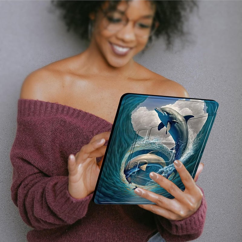 غلاف لجهاز Kindle Paperwhite مقاس 6.8 بوصة (الإصدار الحادي عشر-2021) وKindle Paperwhite Signature Edition، حامل ذكي واقي قابل للدوران 360 درجة لجهاز Kindle Paperwhite 2021، تصميم Dolphins Ocean - Image 4