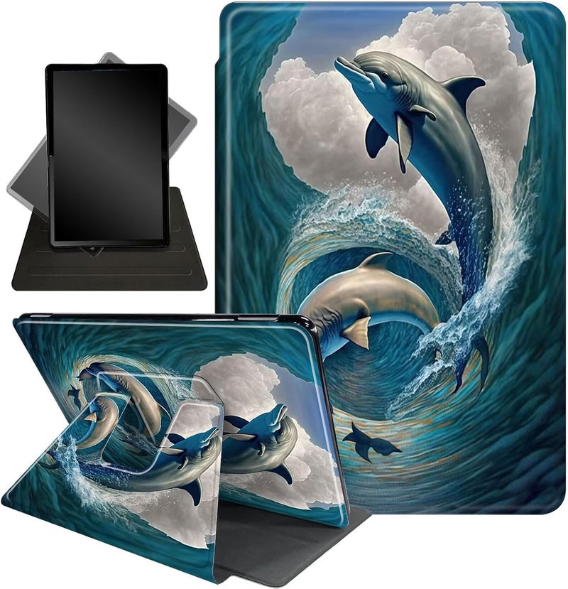 غلاف لجهاز Kindle Paperwhite مقاس 6.8 بوصة (الإصدار الحادي عشر-2021) وKindle Paperwhite Signature Edition، حامل ذكي واقي قابل للدوران 360 درجة لجهاز Kindle Paperwhite 2021، تصميم Dolphins Ocean - Image 1