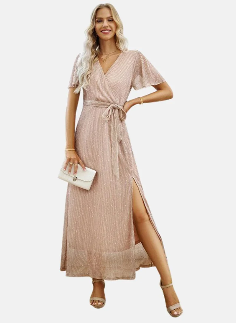 YUNIQEE Beige A-Line Side Slit V-Neck Maxi Dress