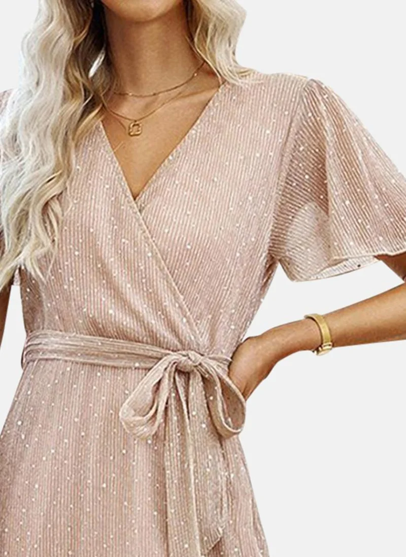 YUNIQEE Beige A-Line Side Slit V-Neck Maxi Dress