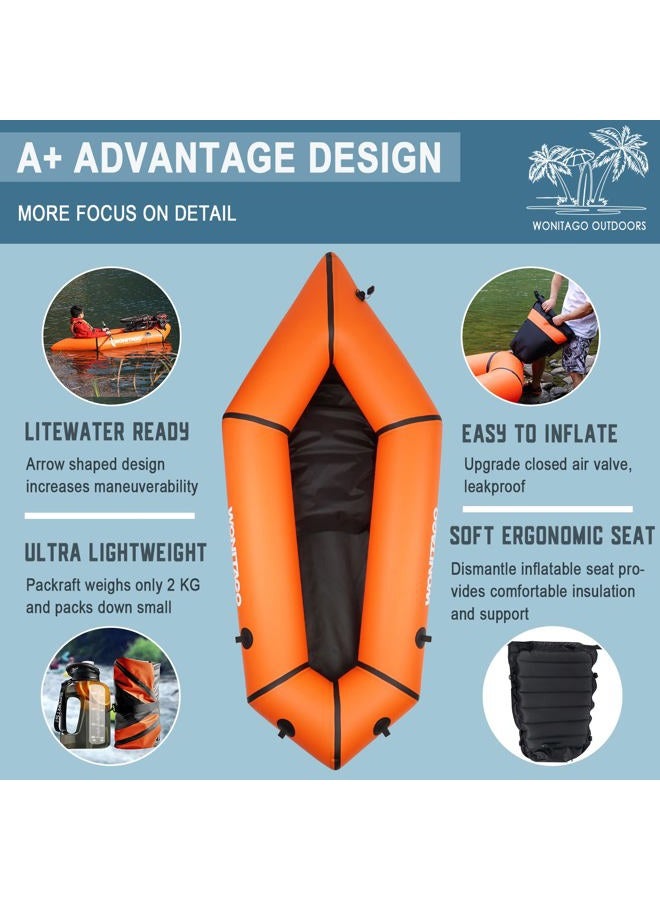 WONITAGO Packraft TPU Inflatable Travel Kayak with Soft Seat Lightweight Packrafts for Flat Water Rafting/Bicycle Drifting/Litewater Dinghy, 1 Person, 6.8Ft, Orange - Image 3