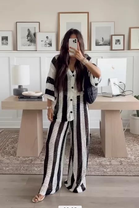 NIFTRIRY Women Cover Up Sets Button Up Tops with Pants Crochet Set Outfit 2 Piece Outfits Vacation Outfits - Image 2