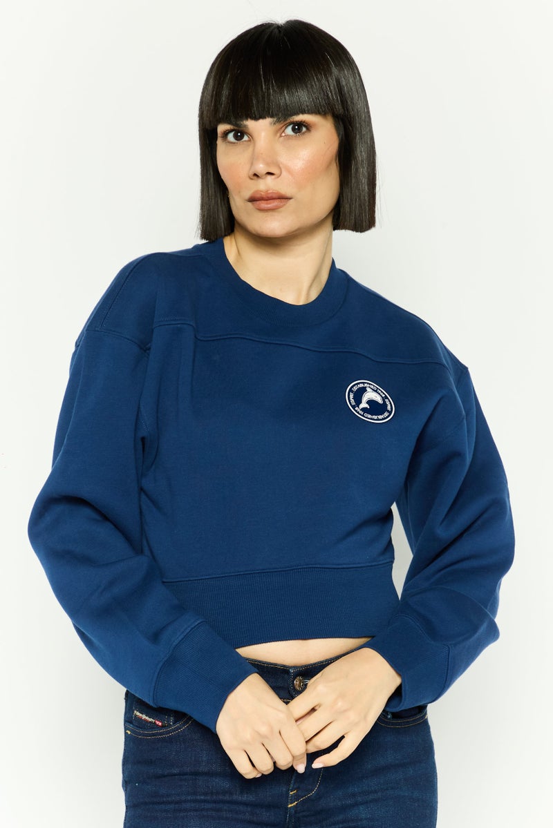 ESPRIT سويت شيرت قصير بأكمام طويلة وياقة دائرية للنساء، كحلي - Image 1