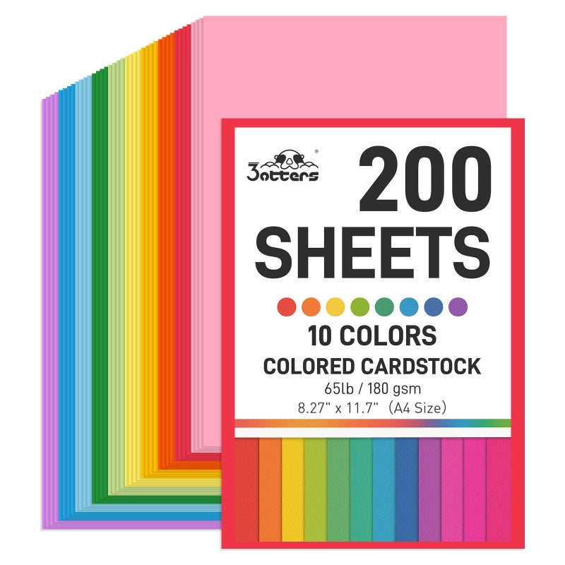 3 otters 200Sheets Construction Paper, Cardstock 8.27" x 11.7", 10 Assorted Colors Card Stock Printer Paper 65lb/180GSM, for Printing, DIY Crafts, Classroom Must Haves, Kids School Supplies, Party Dec - Image 1