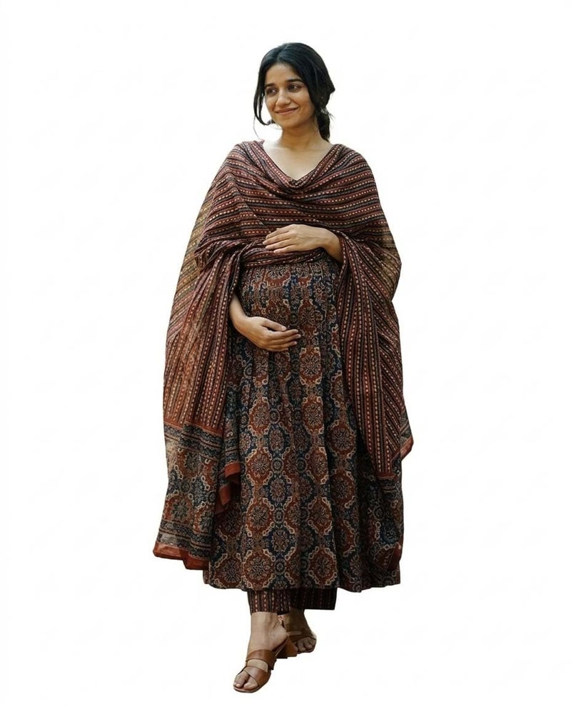 ASSUME FAB Women Viscose Rayon Regular Fit Anarkali Maternity and Nursing Kurta Set with Dupatta - Brown Floral and Geometric Pattern, 3/4 Sleeves, Comfortable Fit(Large - Image 1