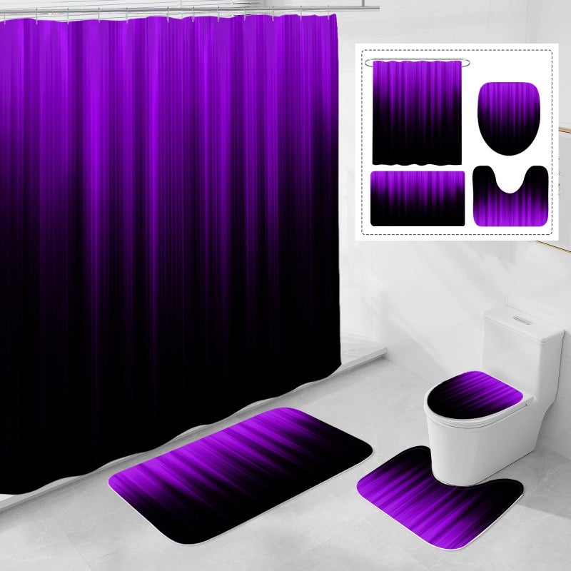 Litabel 4 Pcs Purple and Black Gradient Shower Curtain Set with Rugs and Toilet Lid Cover, Modern Simple Waterproof Fabric Bathroom Set, Ombre Stripe Gothic Abstract Bathroom Decor Set Accessories - Image 1