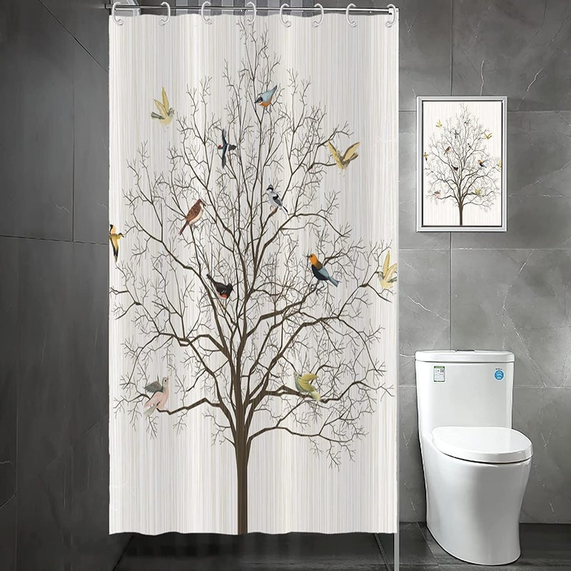 Yeele Birds Shower Curtain, Cute Animals Bird Tree Boho Beige Waterproof Fabric Shower Curtain Set Farmhouse Funny Bathroom Decor with Hooks,48x72in - Image 1