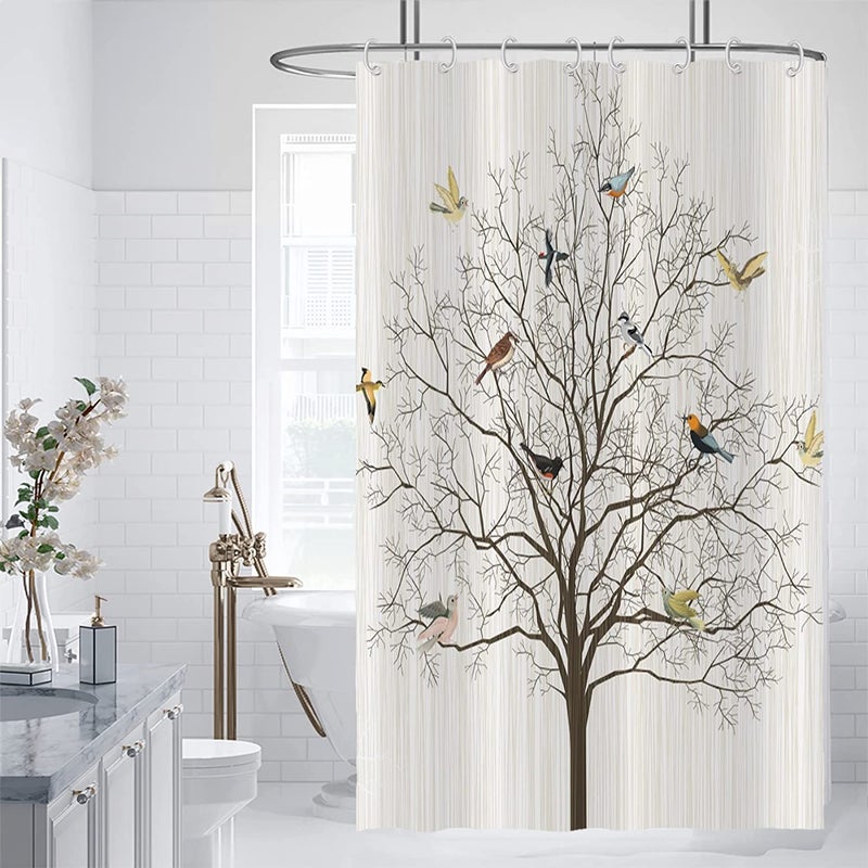 Yeele Birds Shower Curtain, Cute Animals Bird Tree Boho Beige Waterproof Fabric Shower Curtain Set Farmhouse Funny Bathroom Decor with Hooks,48x72in - Image 3
