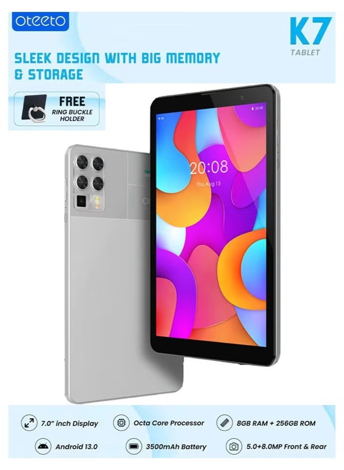 Oteeto K7 7.0-Inch Android Tablet | 8GB RAM + 256GB ROM | HD Display | 3500mAh Battery | Lightweight & Compact | WiFi + SIM Card Support | Android OS | Bluetooth + GPS | Front & Rear Camera | Perfect for Kids, Students, Travel & Daily Use – Grey - Image 3