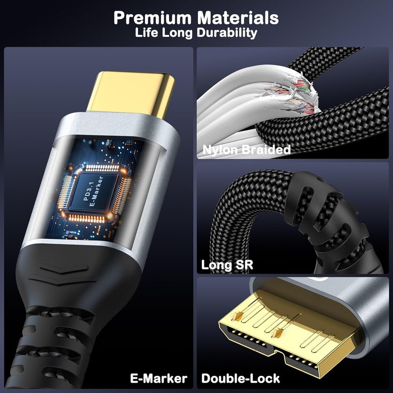𝟏𝟎 𝐆𝐛𝐩𝐬 كابل محرك أقراص صلب من Micro B إلى USB C، 1 قدم 1.5 قدم 3 أقدام 6 أقدام 10 أقدام، كابل محرك أقراص صلب USB إلى Type-C متوافق مع WD Seagate وMacBook Pro/Air وiPad/Tablet وiPhone وLG وMoto وGalaxy S24 (1 قدم) - Image 5