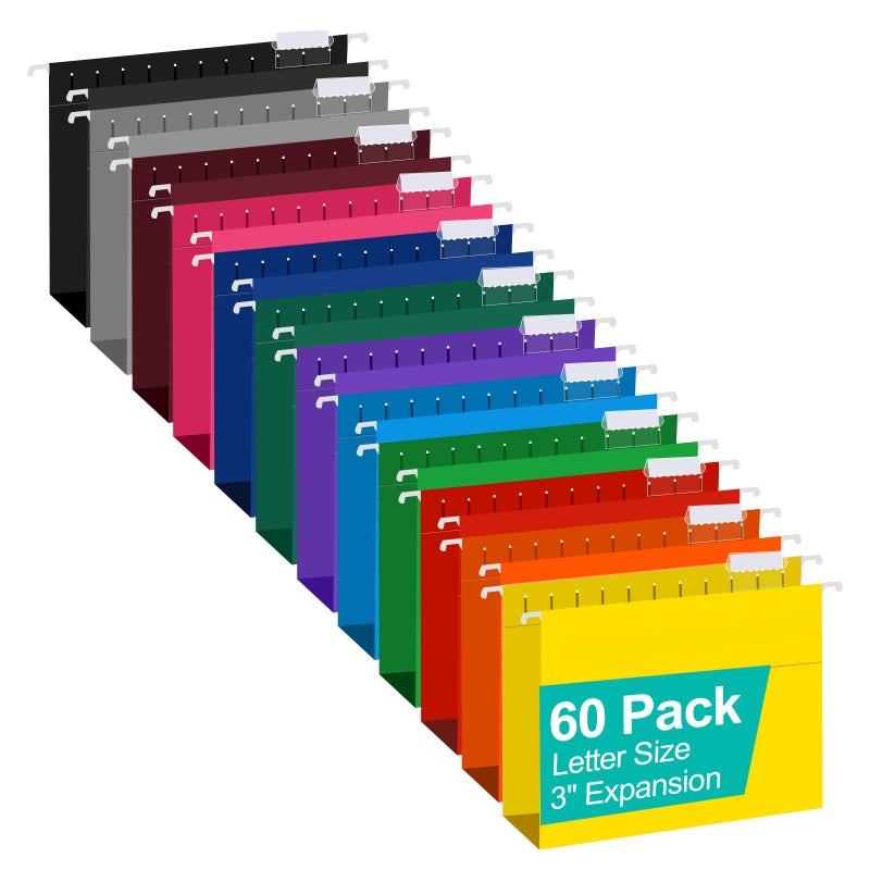 HERKKA Extra Capacity Hanging File Folders, 60 Pack Reinforced Letter Size Hanging Folders Designed for Bulky Files, Medical Charts, Assorted Colors (3 Inch Expansion) - Image 1