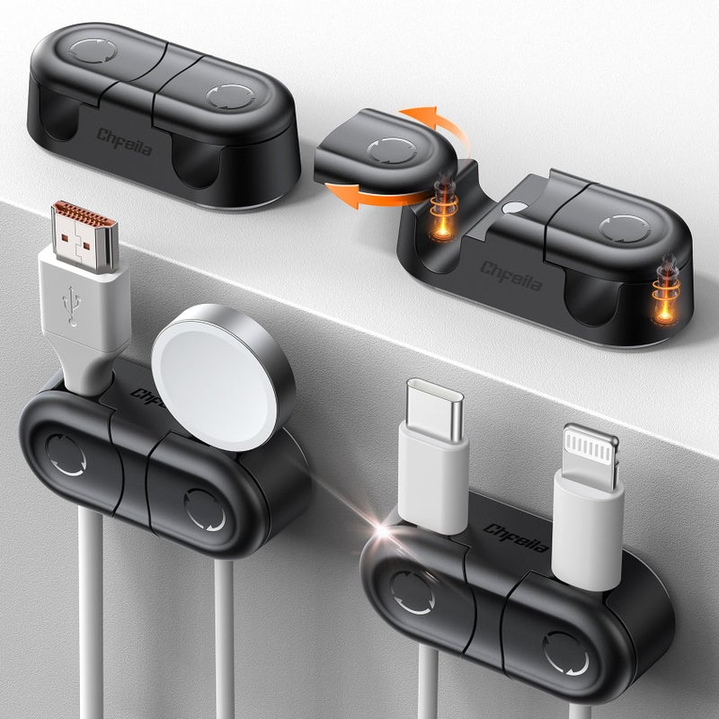 Chfeila Magnetic Cable Clips - Chfeila 4Pack [Dual Slot] [360Â°Rotating & Twist-Lock] Cord Management, Adhesive Phone Charging Keeper, Wire Organizer Holder for Nightstand, Home Office Desk Accessories Decor - Image 1