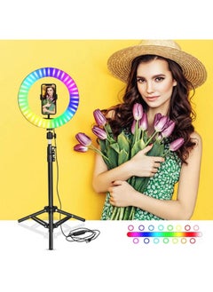 SHOPI Ring LED lamp color (multicolor) RGB MJ45 with a holder for a smartphone and a tripod  - Image 5