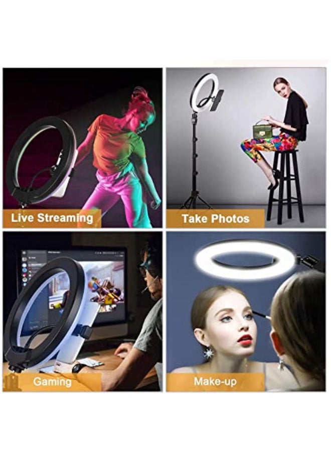 SHOPI - Ring LED lamp color (multicolor) RGB MJ45 with a holder for a smartphone and a tripod - Image 1