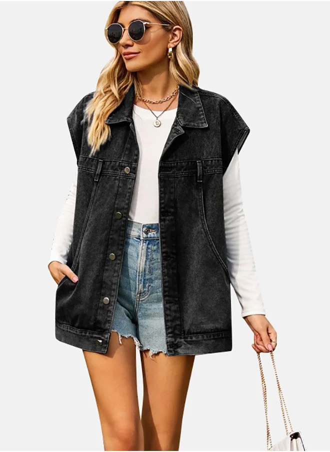 YUNIQEE Black Collared Sleeveless Denim Jacket