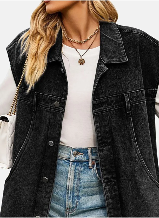 يونيكي Black Collared Sleeveless Denim Jacket