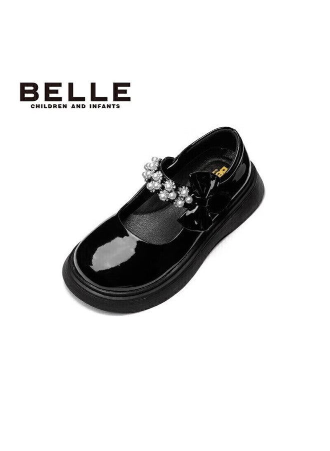 Belle Children's Shoes, Girls' Leather Shoes, Spring And Autumn Performance Shoes, Student Shoes, Fashionable Flats, Children's Princess Shoes, Black, Size 32 - Image 2