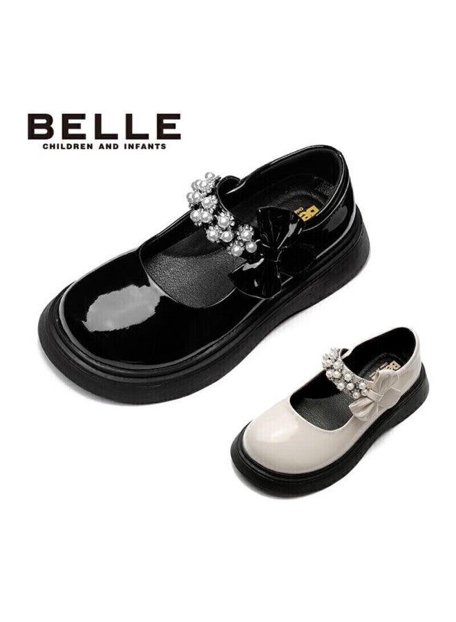 Belle Children's Shoes, Girls' Leather Shoes, Spring And Autumn Performance Shoes, Student Shoes, Fashionable Flats, Children's Princess Shoes, Black, Size 32 - Image 1