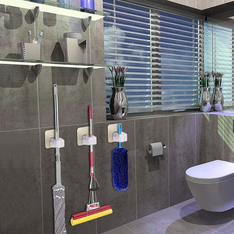 LOMESH LOMESH ABS Plastic Wall Mounted Self Adhesive Storage Rack Seamless Mop and Broom Hanger Holder Organizer Clip for Home Kitchen Bathroom Garage and Wardrobe Mop Rack Set Punch Stickers - Image 3