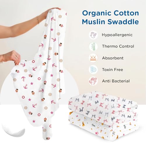 Mee Mee 100% Muslin Cotton Baby Swaddle Wrappers Set (PK-3)| Baby Towel| Soft, Quick-Drying & Highly Absorbent Blanket | Printed Mulmul Swaddle Cloth,Newborn Essentials (Multicolour, 120x100 cm) - Image 3