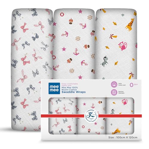 Mee Mee 100% Muslin Cotton Baby Swaddle Wrappers Set (PK-3)| Baby Towel| Soft, Quick-Drying & Highly Absorbent Blanket | Printed Mulmul Swaddle Cloth,Newborn Essentials (Multicolour, 120x100 cm) - Image 2