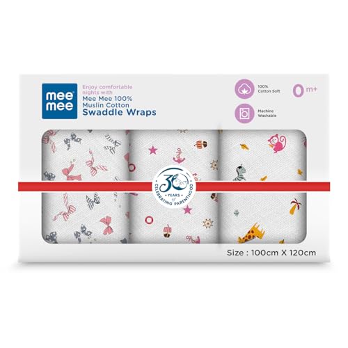 Mee Mee 100% Muslin Cotton Baby Swaddle Wrappers Set (PK-3)| Baby Towel| Soft, Quick-Drying & Highly Absorbent Blanket | Printed Mulmul Swaddle Cloth,Newborn Essentials (Multicolour, 120x100 cm) - Image 1