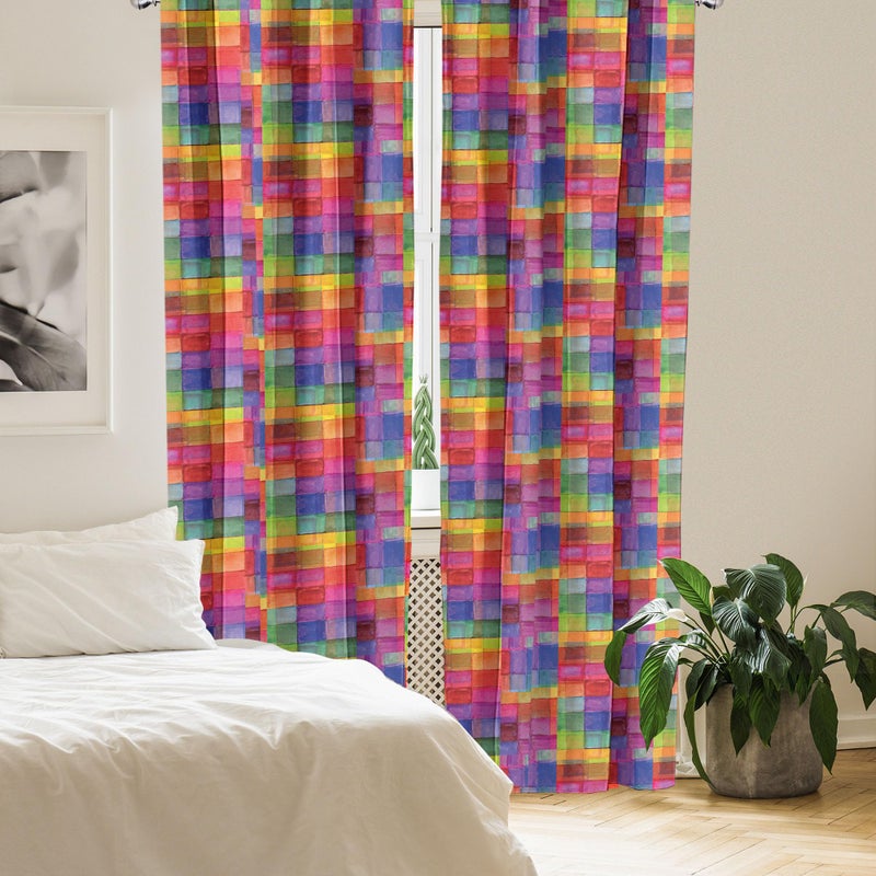 Ambesonne Abstract Window Curtains  Rainbow Colored Geometric Square Shaped Blurry Effects Watercolor Design  Lightweight Decor 2-Panel Set with Rod Pocket  Pair of - 28"" x 63""  Magenta Multicolor - Image 4