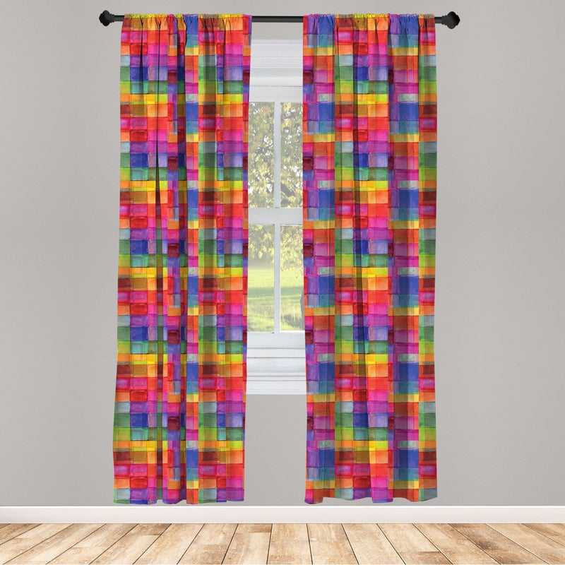 Ambesonne Abstract Window Curtains  Rainbow Colored Geometric Square Shaped Blurry Effects Watercolor Design  Lightweight Decor 2-Panel Set with Rod Pocket  Pair of - 28"" x 63""  Magenta Multicolor - Image 2