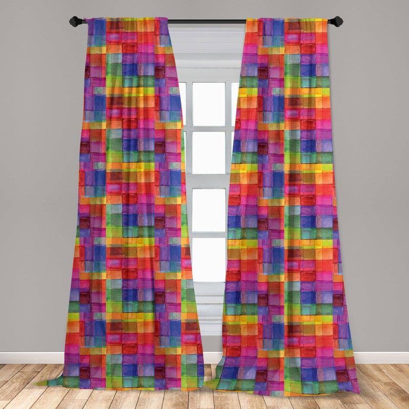 Ambesonne Abstract Window Curtains  Rainbow Colored Geometric Square Shaped Blurry Effects Watercolor Design  Lightweight Decor 2-Panel Set with Rod Pocket  Pair of - 28"" x 63""  Magenta Multicolor - Image 3