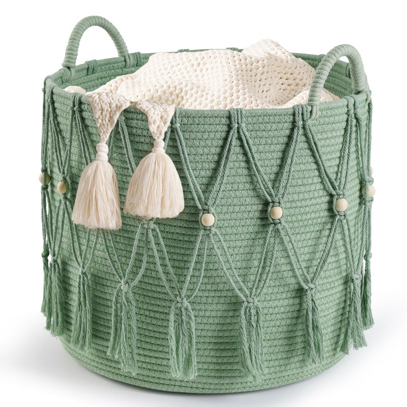 HOSROOME Blanket Basket for Living Room Decor Storage Basket for Toy Organizer Boho Decor Baskets for Modern Farmhouse Decor Small Laundry Basket for Bedroom and Laundry Room OrganizationGreen - Image 2