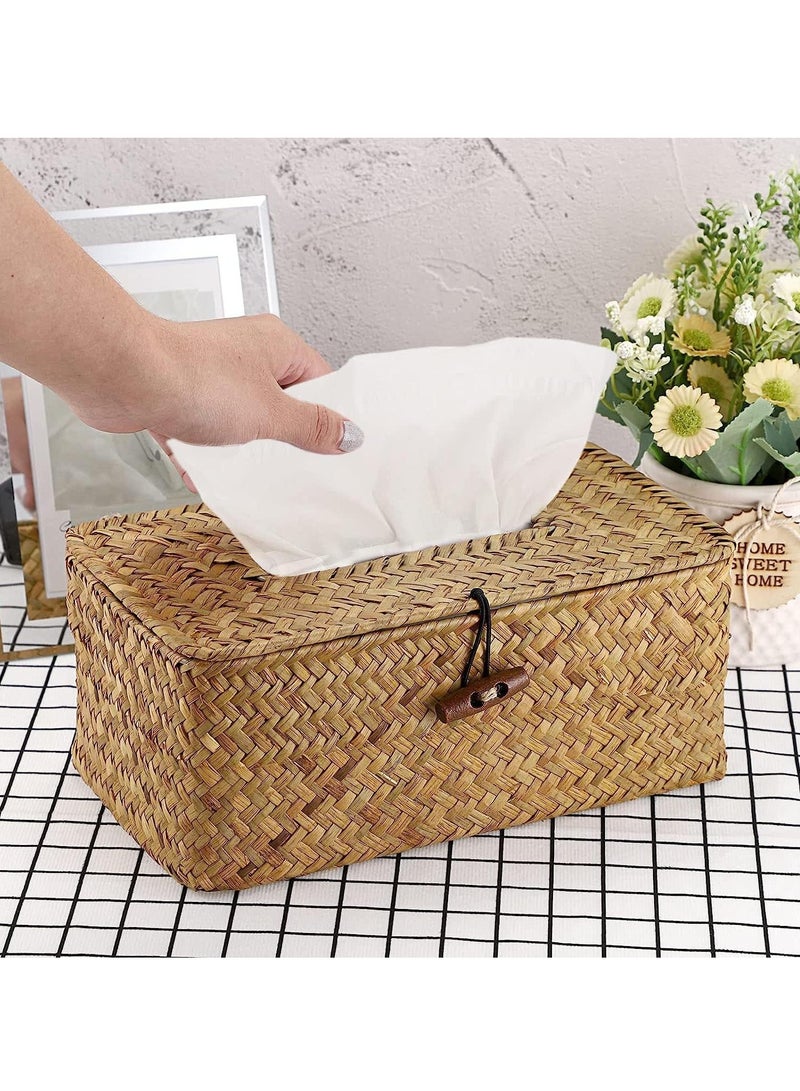 Meetion Rectangular Woven Tissue Box Cover, Decorative Seagrass Wicker Tissue Box Holder, Rustic Facial Tissue Holder for Bathroom Vanity Toilet Dresser Table Countertop Office Car  - Image 3