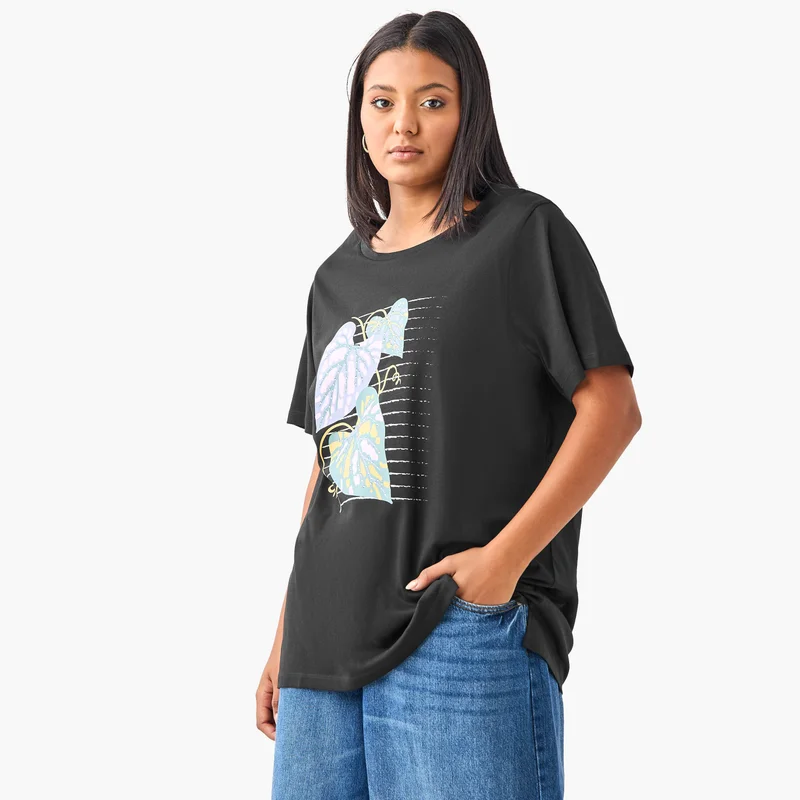 Ulla Popken Plus Size Ulla Popken Leaf Print T-Shirt