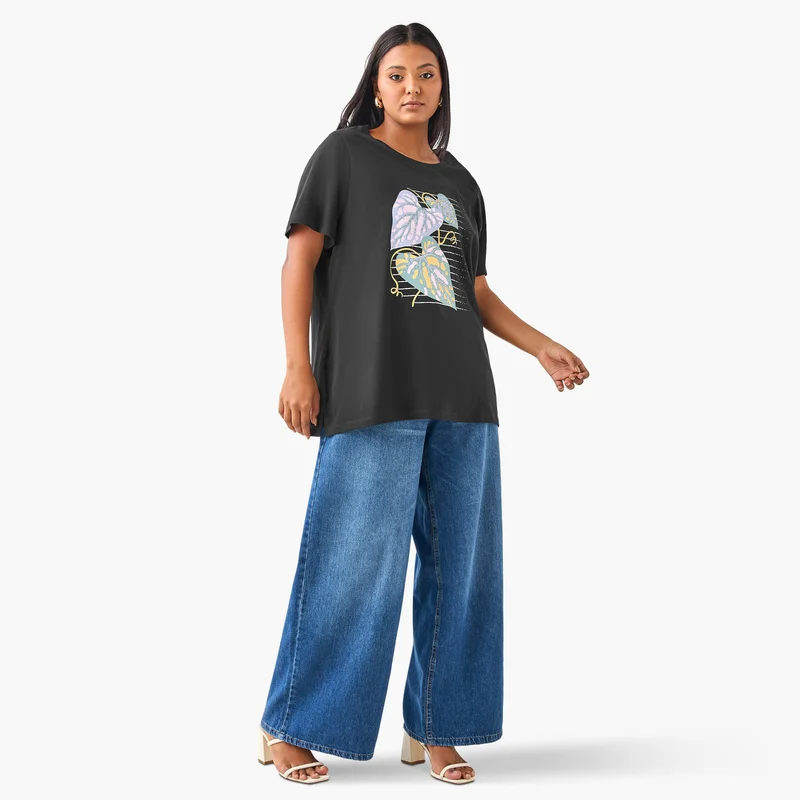 Ulla Popken Plus Size Ulla Popken Leaf Print T-Shirt