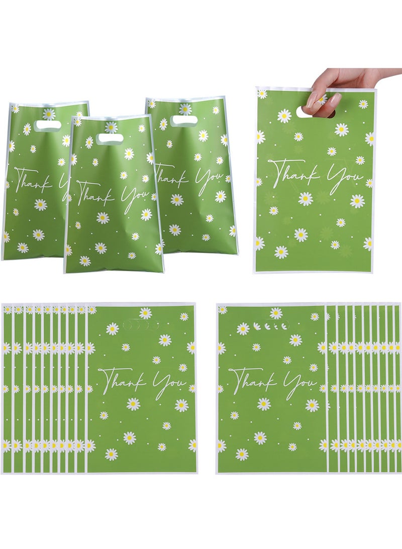50 printed plastic gift bags with “Thank You” message, green gift bags with daisy pattern (16.5 x 25 cm), ideal for parties, birthdays, and gift packaging - Image 1