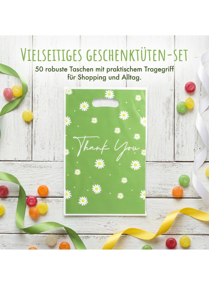 50 printed plastic gift bags with “Thank You” message, green gift bags with daisy pattern (16.5 x 25 cm), ideal for parties, birthdays, and gift packaging - Image 3