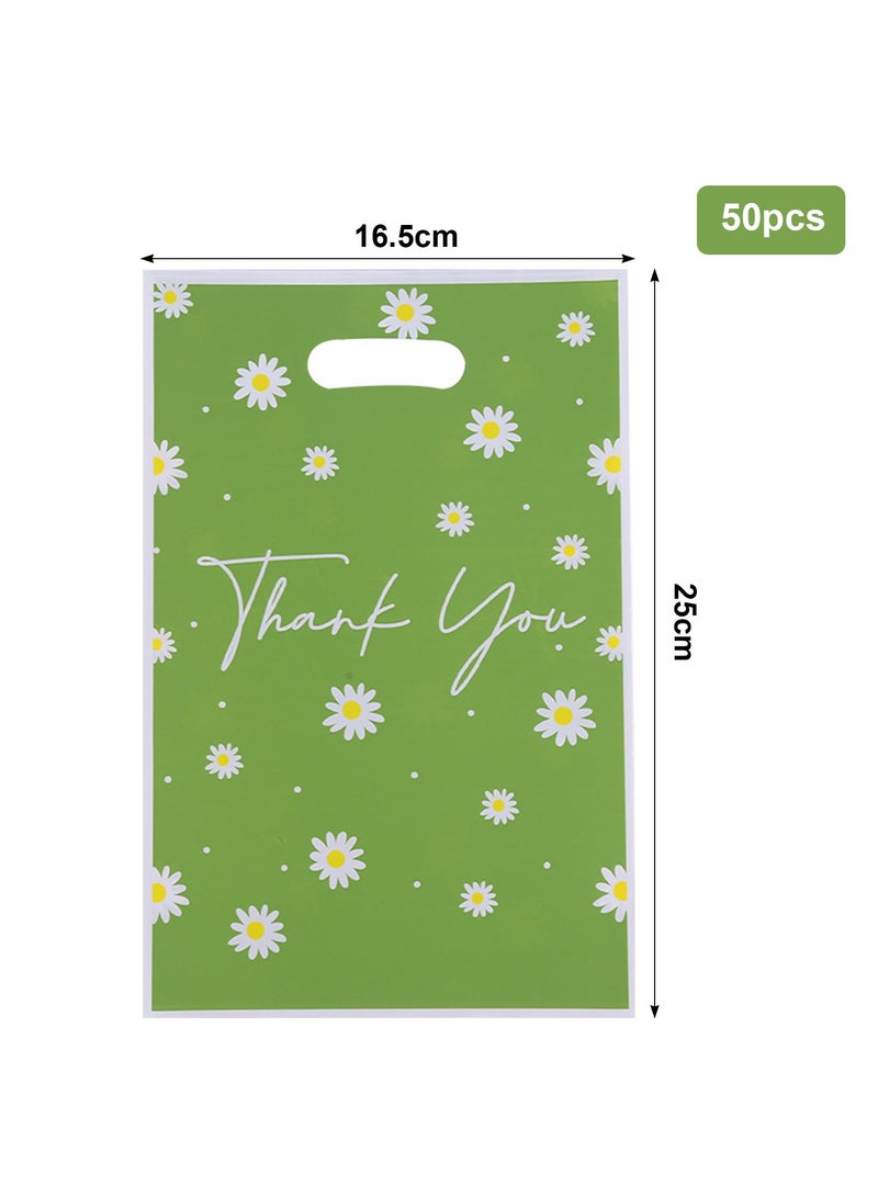 50 printed plastic gift bags with “Thank You” message, green gift bags with daisy pattern (16.5 x 25 cm), ideal for parties, birthdays, and gift packaging - Image 2