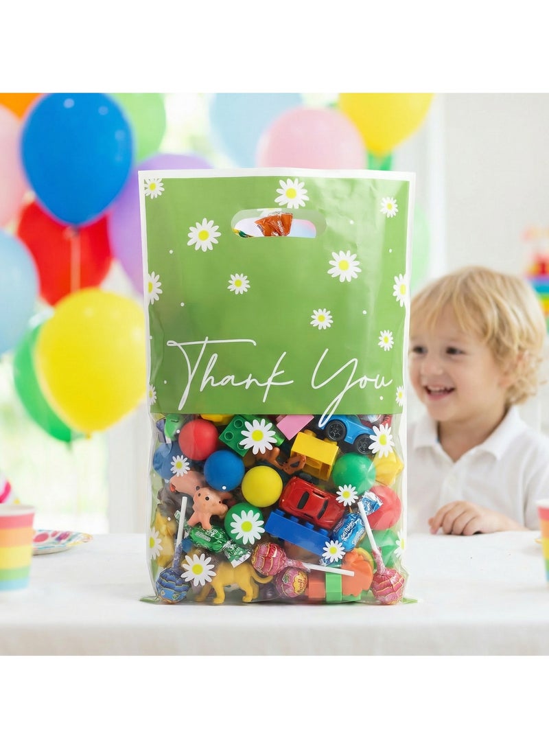 50 printed plastic gift bags with “Thank You” message, green gift bags with daisy pattern (16.5 x 25 cm), ideal for parties, birthdays, and gift packaging - Image 4