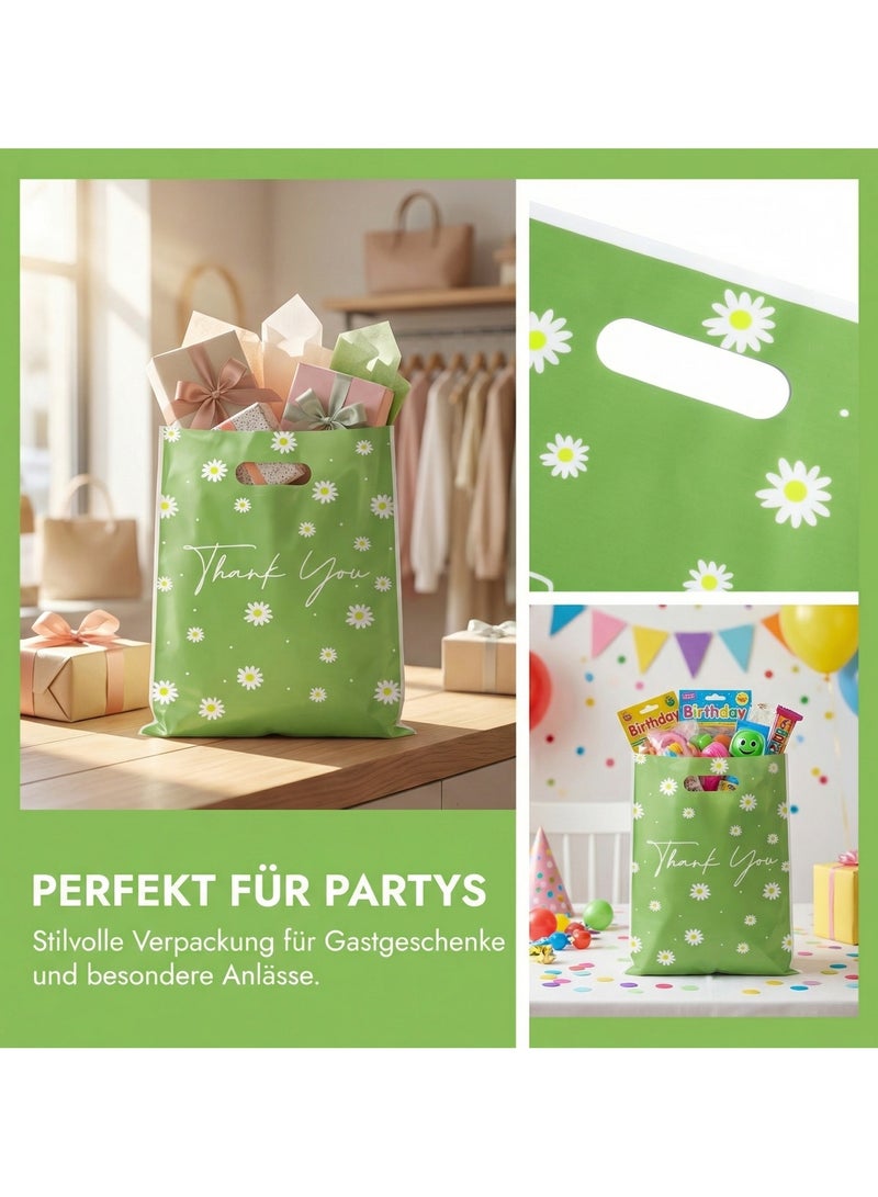 50 printed plastic gift bags with “Thank You” message, green gift bags with daisy pattern (16.5 x 25 cm), ideal for parties, birthdays, and gift packaging - Image 5