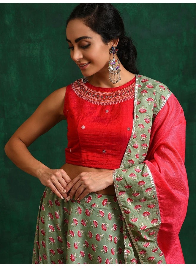 AKS Green & Pink Embroidered Lehenga Choli  - Image 2