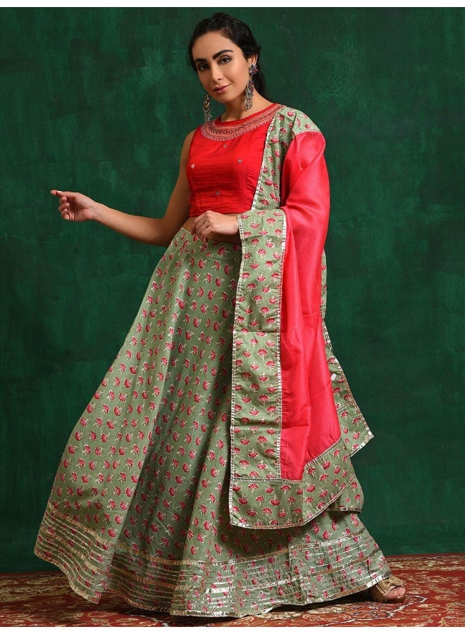 AKS Green & Pink Embroidered Lehenga Choli  - Image 1