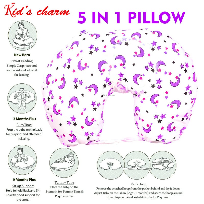 Kid's Charm Kid's Charm Star-Moon 3 PCS Combo Set |3 in 1 Baby's Cotton Bed Cum Carry Bed|5 in 1 Baby's Cotton Breast Feeding Pillow with Safety Belt|2 in 1 Baby's Cotton with Mosquito Net for 4-8 Months (Violet) - Image 5
