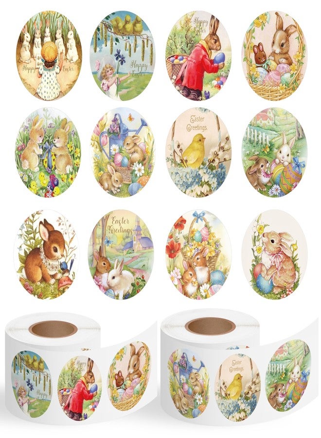 BkeeCten 1000 Pcs Vintage Victorian-Style Easter Bunny Sticker Rolls, 12 Designs Retro Cute Buuny Peeps Self-Adhesive Sticker Decals Novelty Victorian Buuny Sticker for Easter Party Favor Supplies - Image 1