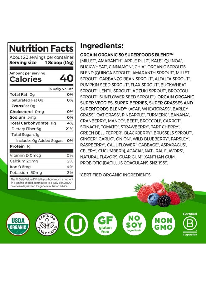 Orgain Organic Greens Powder + 50 Superfoods, Berry - 1 Billion Probiotics for Digestive Health, Antioxidants, Vegan, Plant-Based, Gluten-Free, Non-GMO, Green Juice & Smoothie Drink Mix - 0.62lb - Image 1